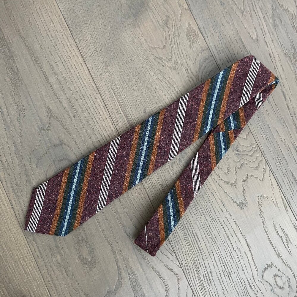 Brooks Brothers Burgundy Tie with Orange, Blue and Ivory Stripes